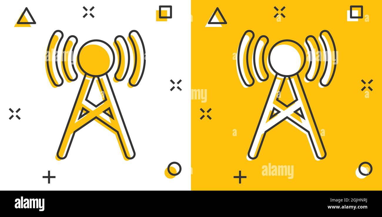 Antennenturm-Ikone im Comic-Stil. Broadcasting Cartoon Vektor-Illustration auf weißem Hintergrund isoliert. Business-Konzept mit WiFi-Splash-Effekt. Stock Vektor
