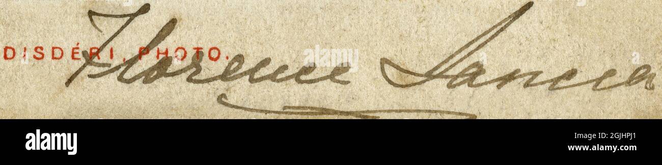 Unterschrift oder Autograph der viktorianischen englischen Opernsopranistin Florence Lancia (1840-1905). Ausschnitt aus der Carte-de-Visite, die von den Studios des französischen Fotografen André-Adolphe-Eugène Disdéri (1818-89) produziert wurde Stockfoto