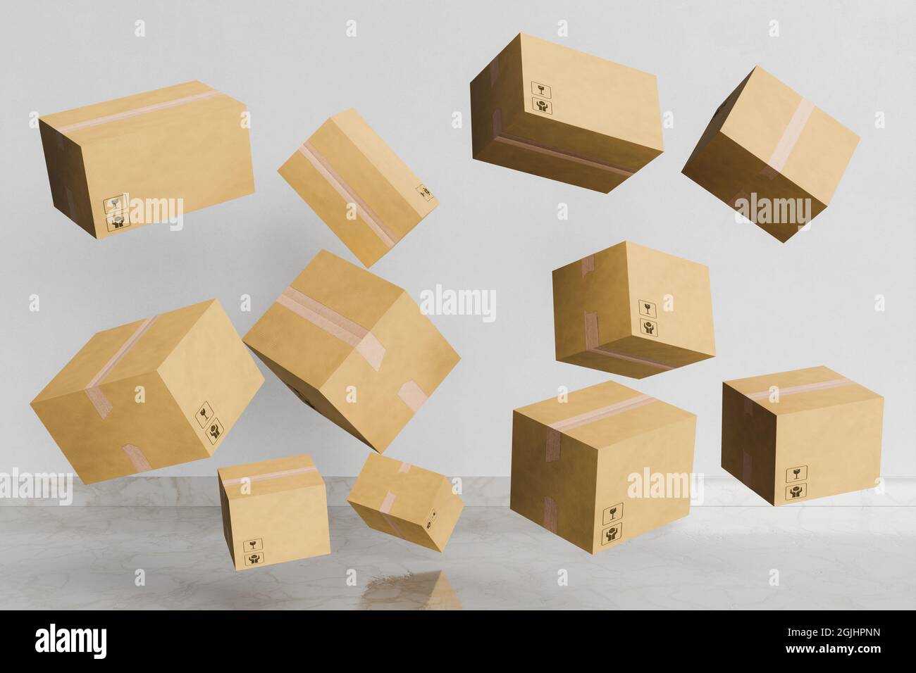 Raum voller Pappverpackungen, die in der Luft schweben. 3d-Rendering Stockfoto
