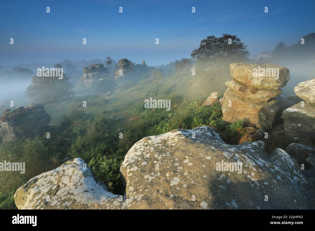 Dämmerungsnebel umgibt die Felsformationen von Brimahm Rocks in Nidderdale, North Yorkshire, Großbritannien Stockfoto