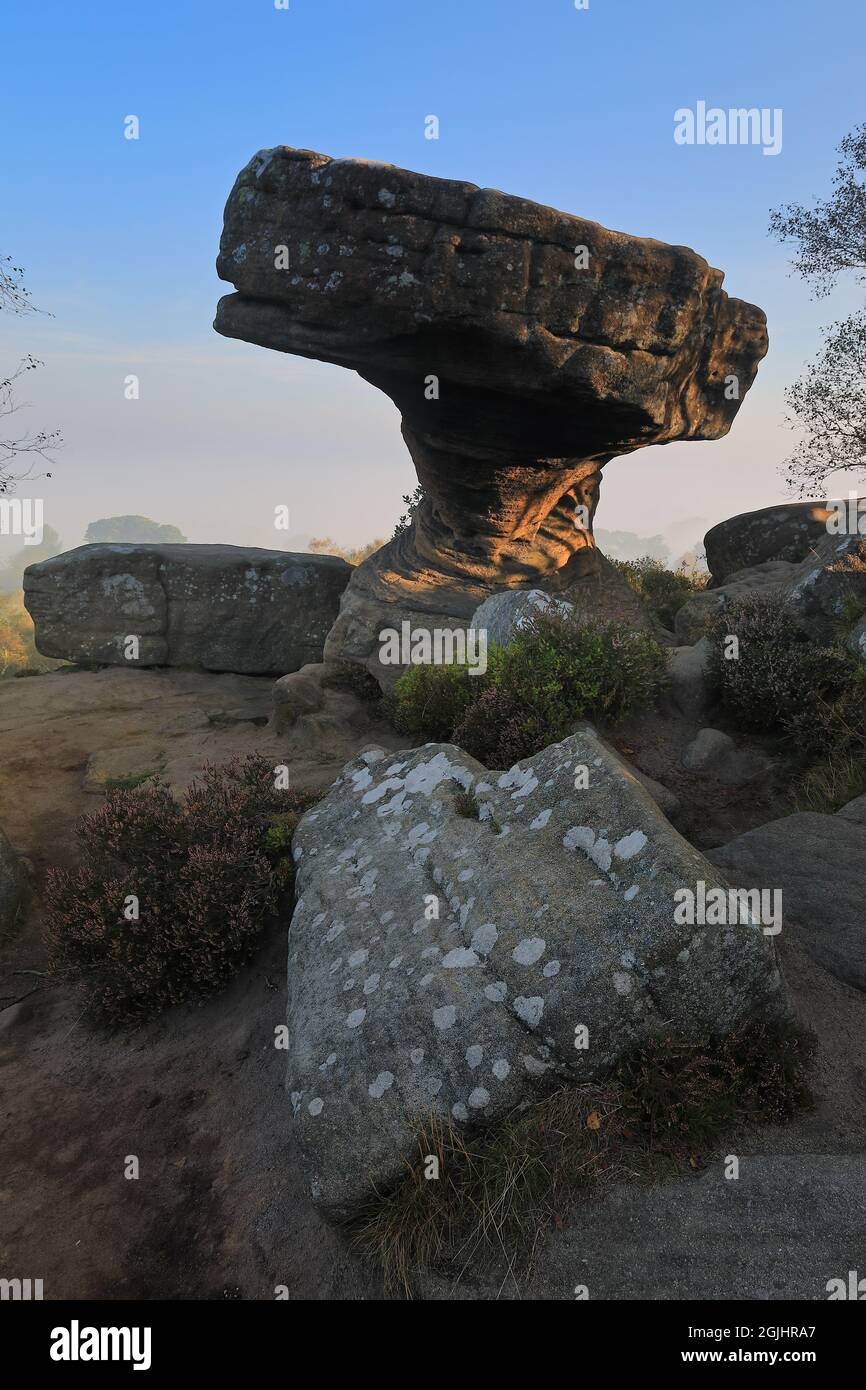 Felsformation bekannt als Druid's Writing Desk, bei Brimham Rocks in Nidderdale, North Yorkshire, Großbritannien Stockfoto