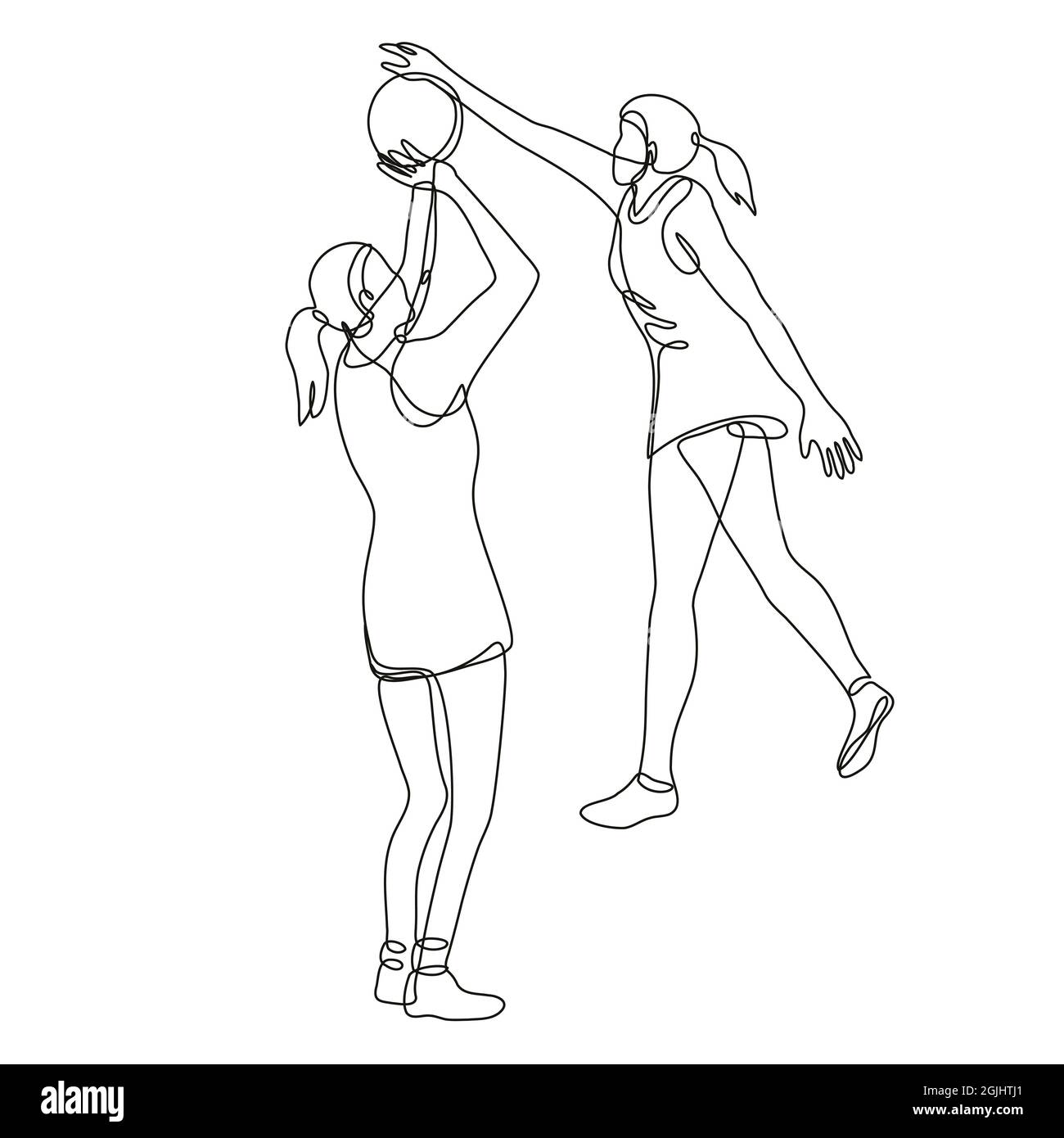Netball-Spieler Schießen und Blockieren des Balls kontinuierliche Linienzeichnung Stockfoto