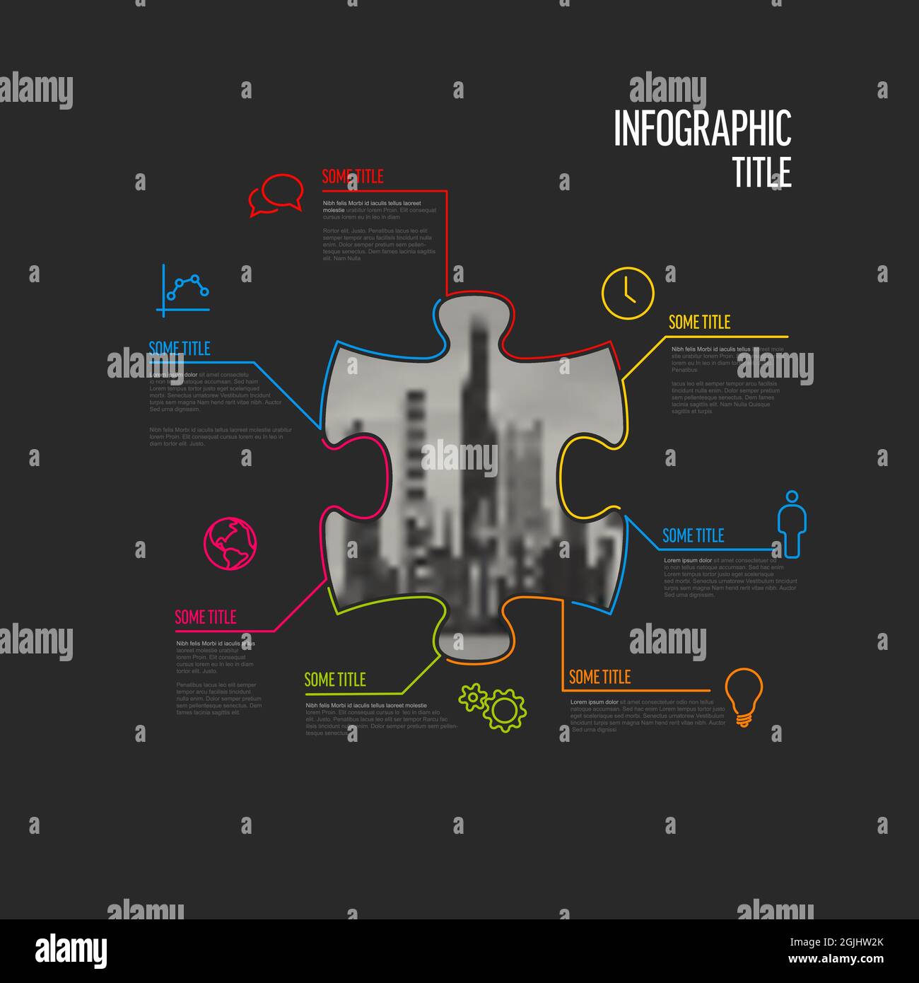 Vektor-Dark-Puzzle Infografik-Report-Vorlage aus Linien und Symbolen in Form eines Puzzleteiles mit großem Foto-Platzhalter in der Mitte. Puzzle Stock Vektor