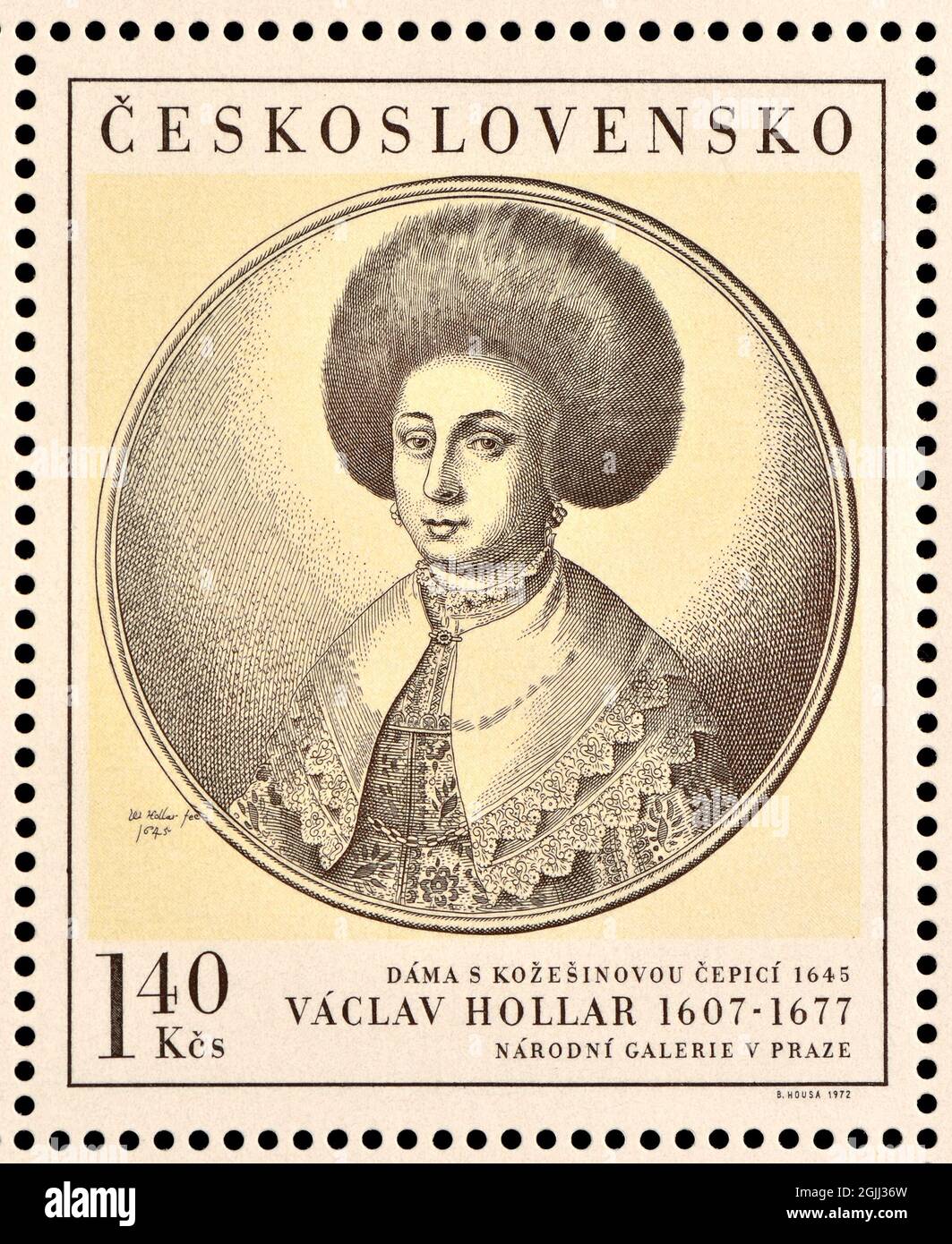Tschechische Briefmarke (1972): Radierung der 'Frau mit Pelzhaube' von Vaclav Hollar (1645) Stockfoto
