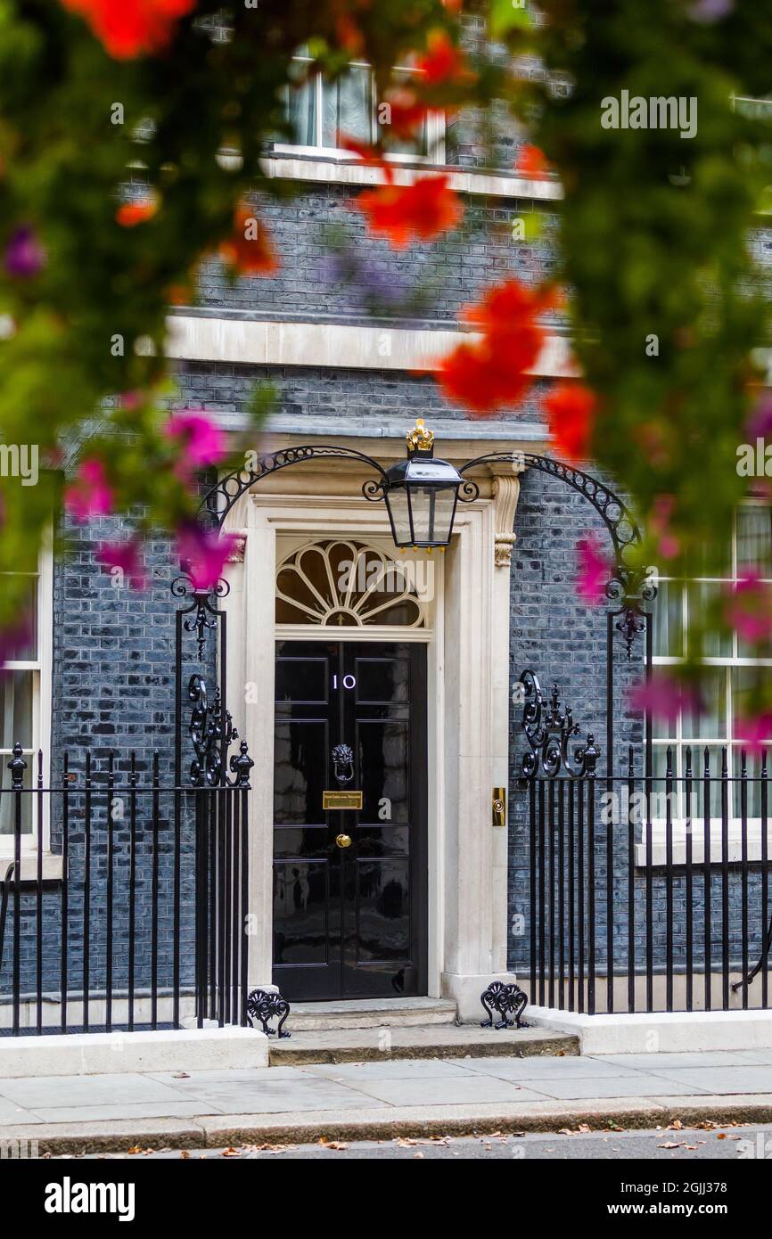 Berühmte schwarze Tür der Nummer 10 Downing Street, eingerahmt von Blumen aus den Straßen, die Körbe hängen, London, Großbritannien Stockfoto