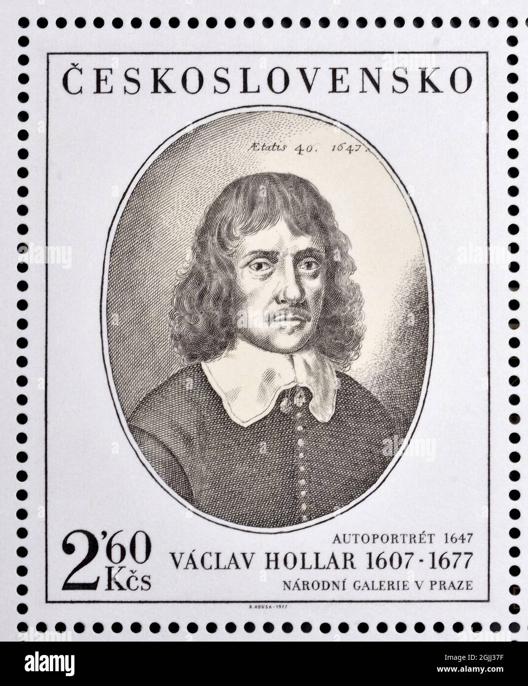 Tschechische Briefmarke (1977) : Selbstporträt von Vaclav Hollar (1607-1677) von 1647 Stockfoto