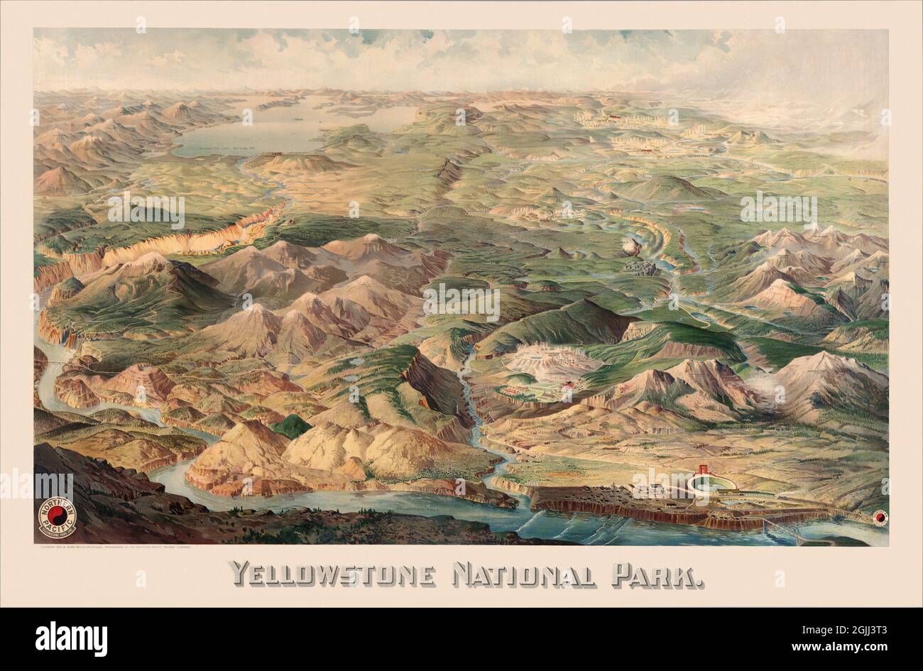 Klicken Sie auf Vintage American travel Poster - Vogelperspektive Karte von Yellowstone National Park, 1904 Stockfoto