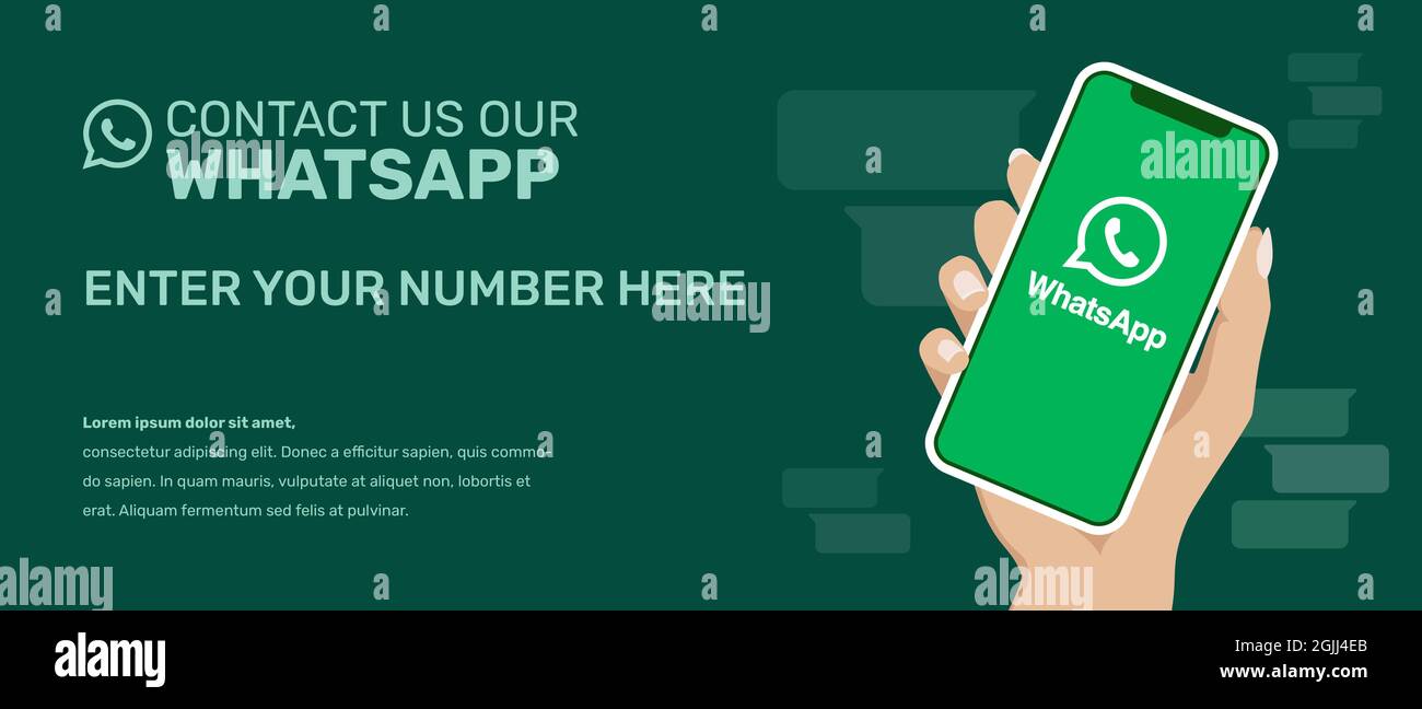 Rosario, Argentinien - 9. September 2021: whatsapp-Banner-Vorlage. Kontaktieren Sie uns über unsere App-Nummer für „was ist“. Abbildung einer weiblichen Hand, die ein Telefon hält Stock Vektor