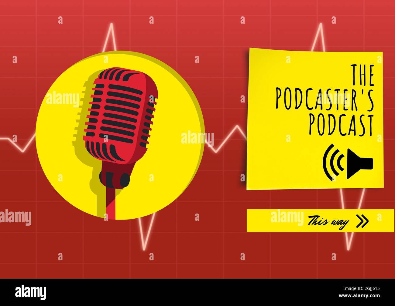 Komposition von Podcast-Text mit Lautsprechersymbol und retro-rotem Mikrofon über gelben Formen auf rot Stockfoto