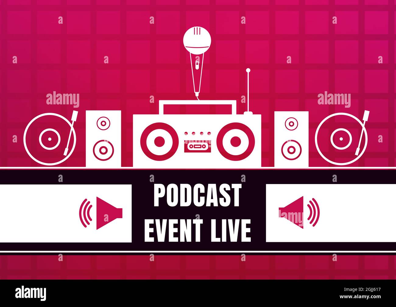 Komposition von Podcast Live Event Text mit Musikausrüstung auf rotem Hintergrund Stockfoto