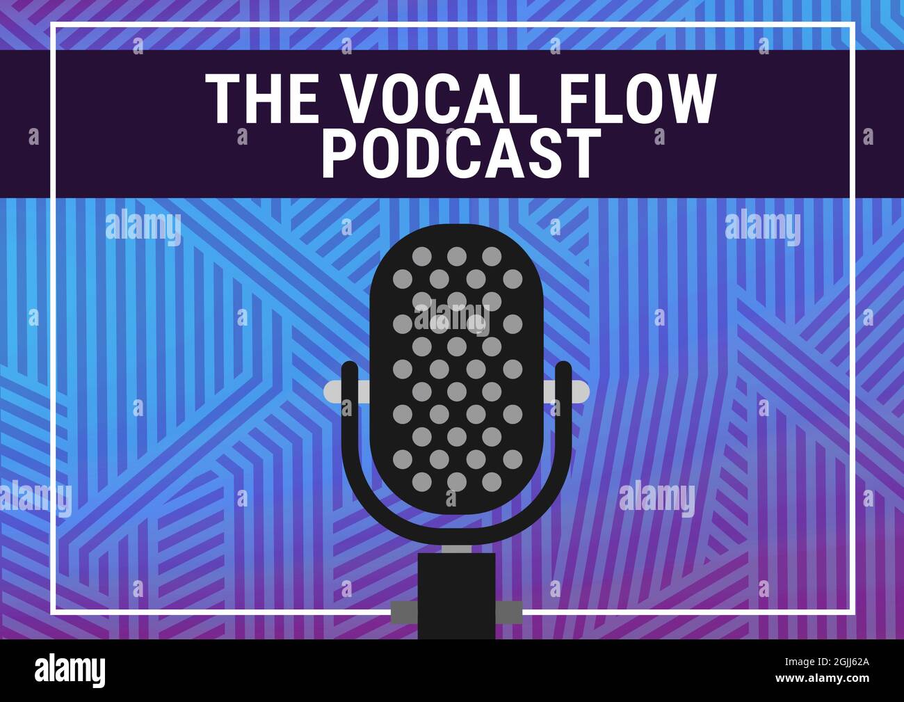 Komposition von Stimmfluss-Podcast-Text mit Mikrofon und abstraktem blauem Linienmuster Stockfoto