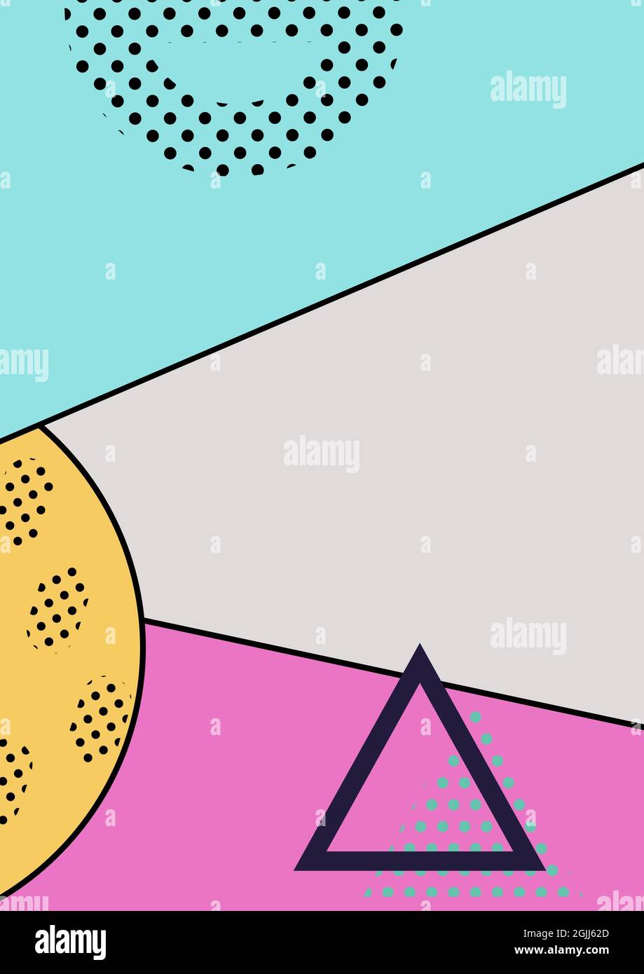Komposition von geometrischen Formen und Mustern auf diagonal geteilter blauer, rosa und grauer Hintergrundfarbe Stockfoto