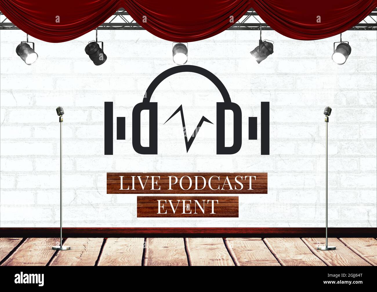 Komposition von Live-Podcast-Event-Text mit Kopfhörer-Symbol und Bühne mit Mikrofonen und Lichtern Stockfoto