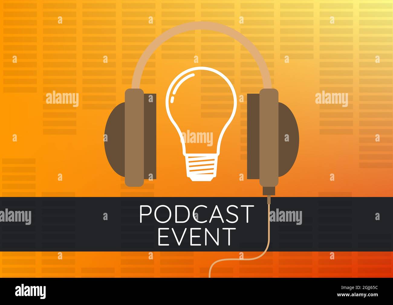 Komposition von Podcast-Event-Text mit Kopfhörer und Glühbirne auf orange mit EQ-Meter Stockfoto