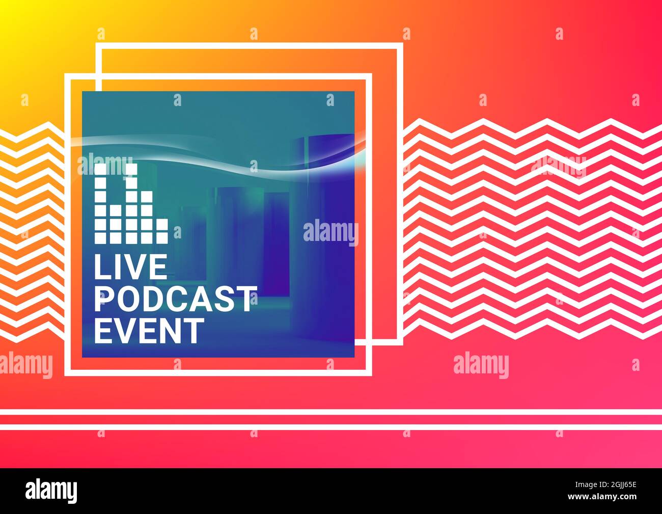 Komposition von Live-Podcast-Event-Text mit EQ-Meter auf blauem Quadrat mit weißen Zickzack-Linien auf rosa Stockfoto