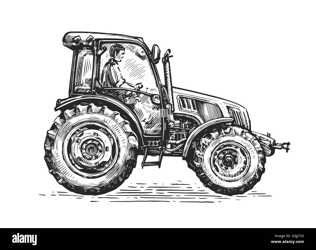 Landwirt, der am Traktor arbeitet. Bauernhof, Landwirtschaft Vektor-Konzept. Handgezeichnete Skizze im Vintage-Grafikstil Stock Vektor