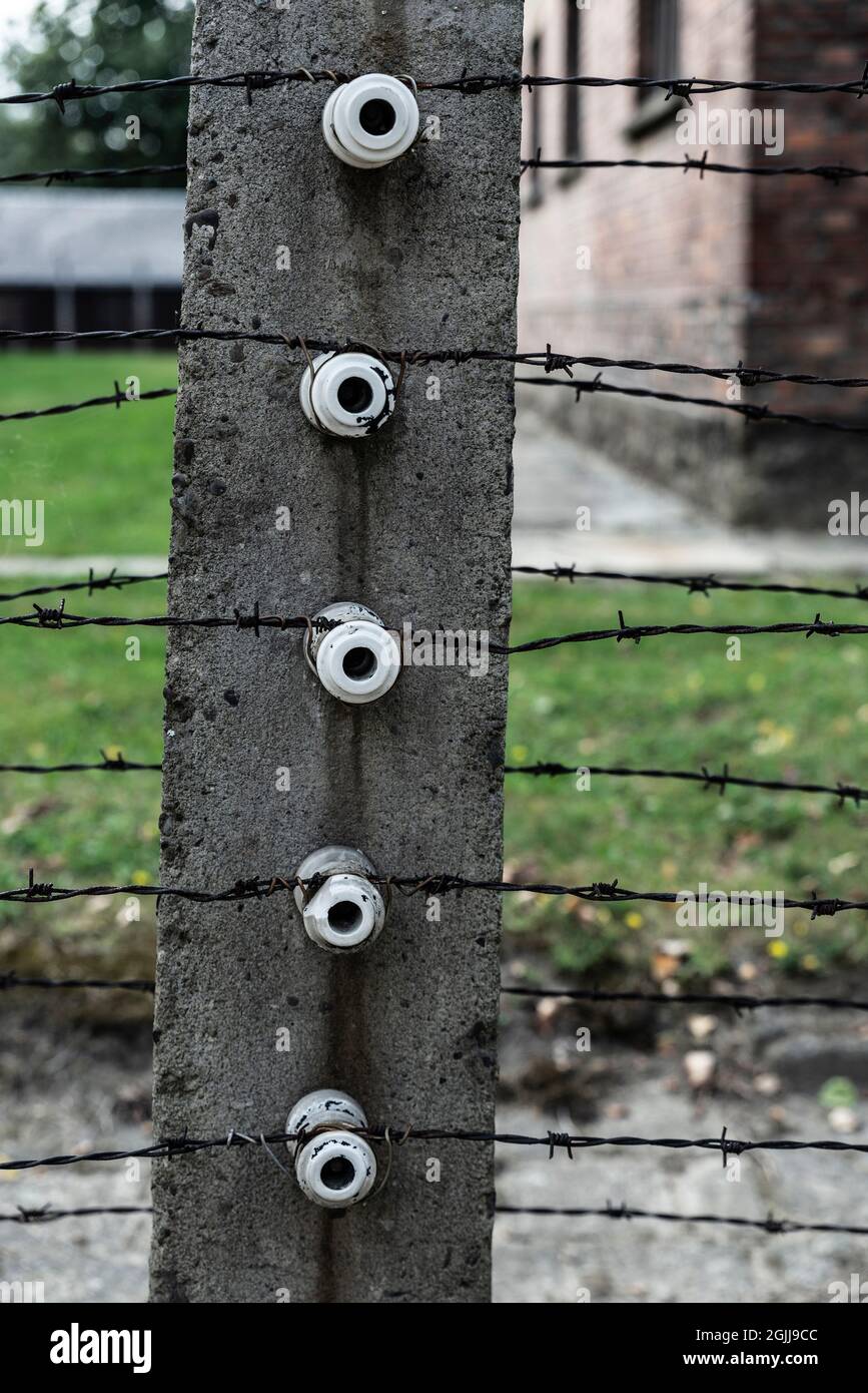 Auschwitz, Polen - 30. August 2018: Elektrifizierter Zaun des Konzentrationslagers Auschwitz, einem Vernichtungslager, das während Worl von Nazi-Deutschland betrieben wurde Stockfoto