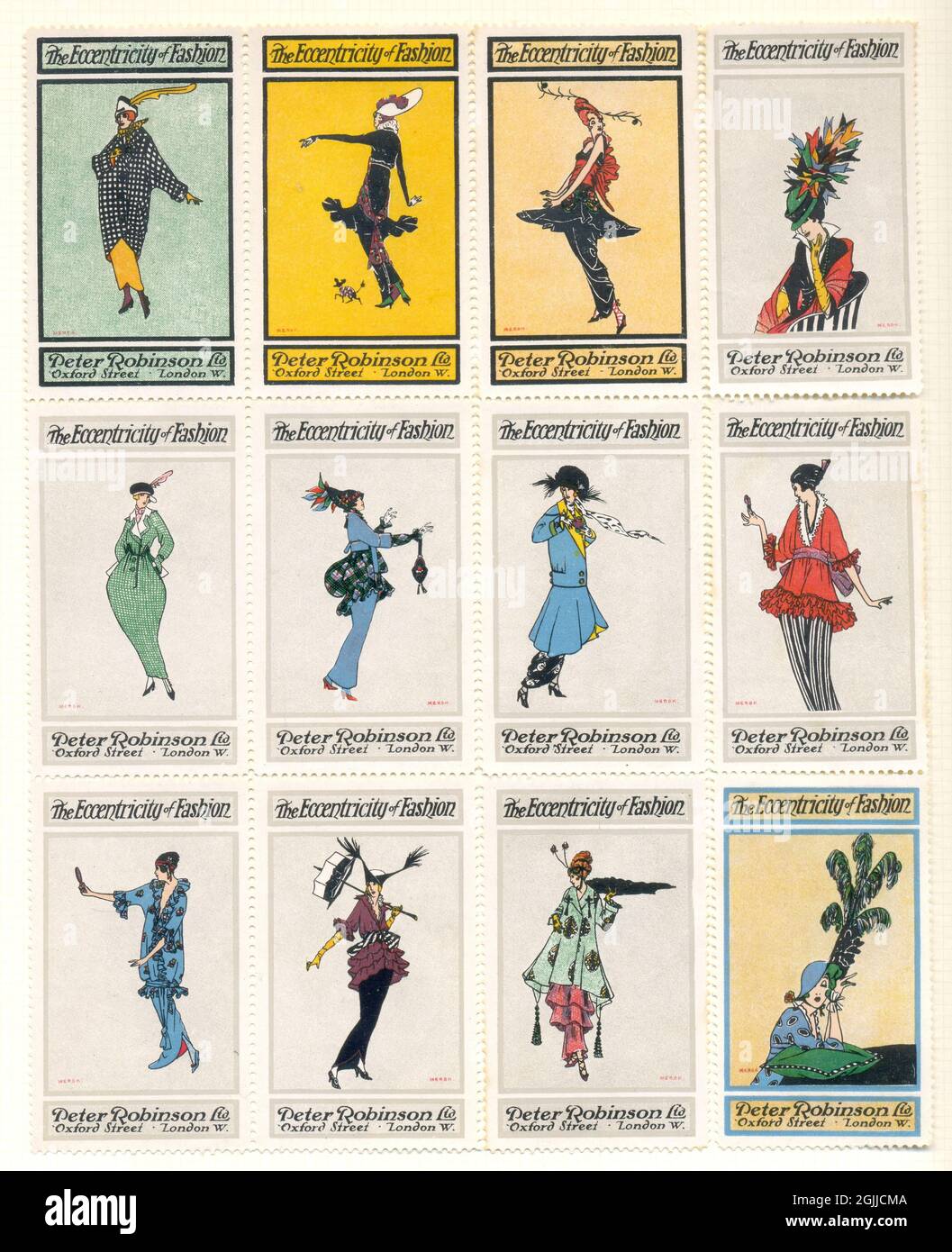 Vollständiges Blatt mit Cinderella-Marken The Excentricity of Fashion Advertising Peter Robinson von Künstler Merck 1918 Stockfoto