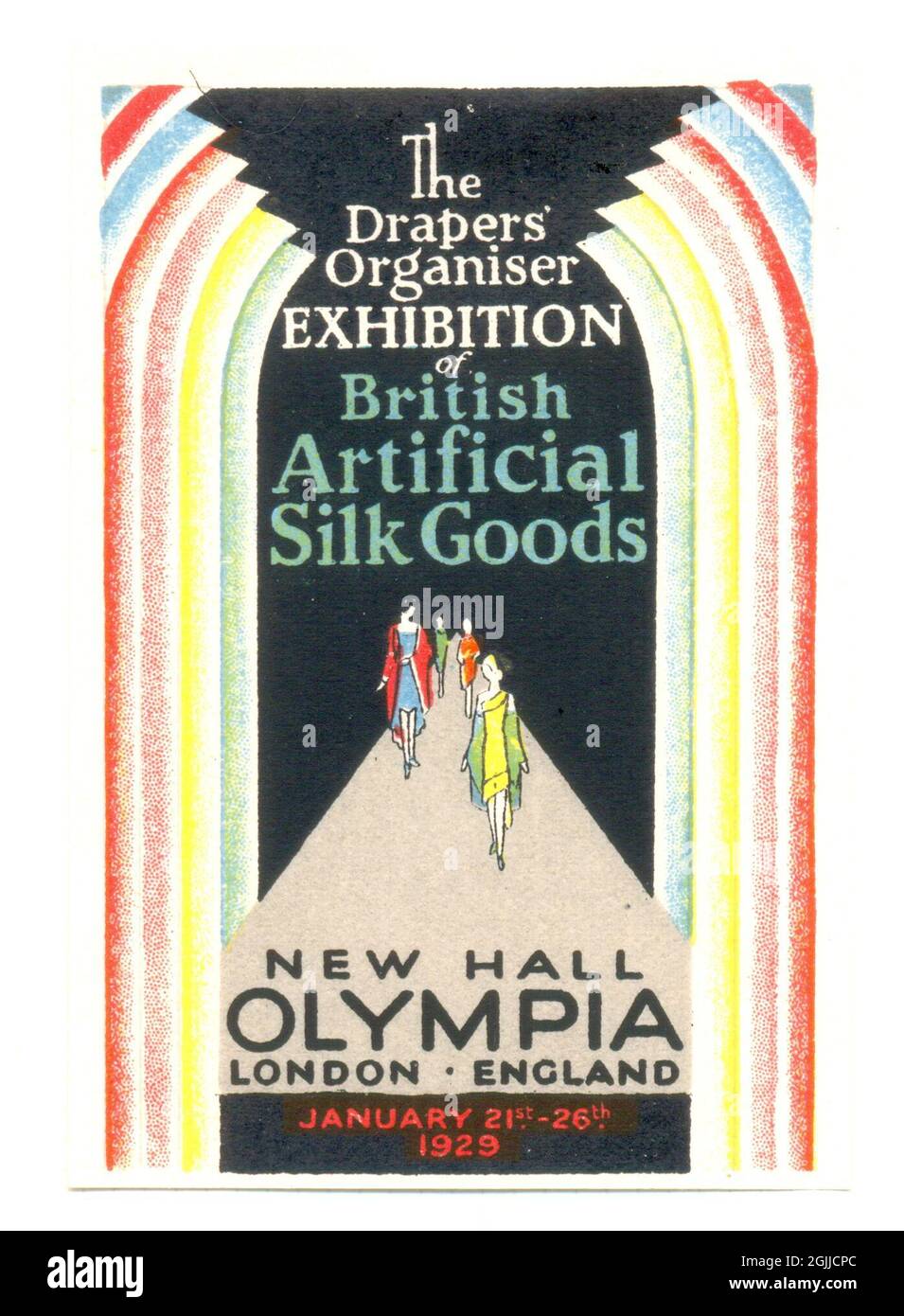 Aschenputtel-Plakatstempel, der die Drapers' Organizer Exhibition of British Artificial Silk Goods in New Hall, Olympia, England im Januar 1929 anwirbt Stockfoto