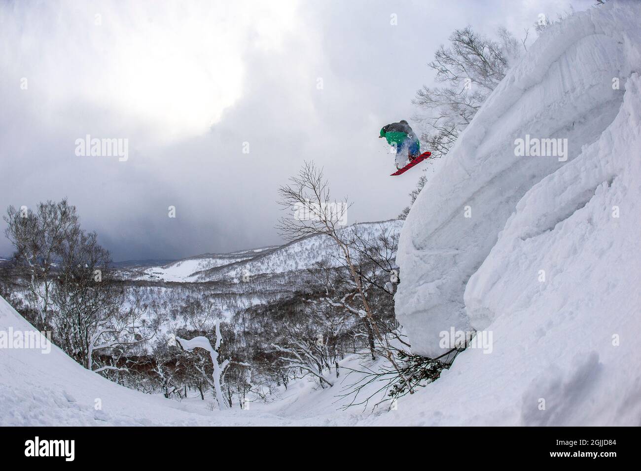 Ein Snowboarder springt von einem riesigen Schneekissen in tiefem Pulverschnee abseits der Piste in der Nähe der Stadt Niseko in der Subpräfektur Shiribeshi, Hokkaido, Japan. Stockfoto