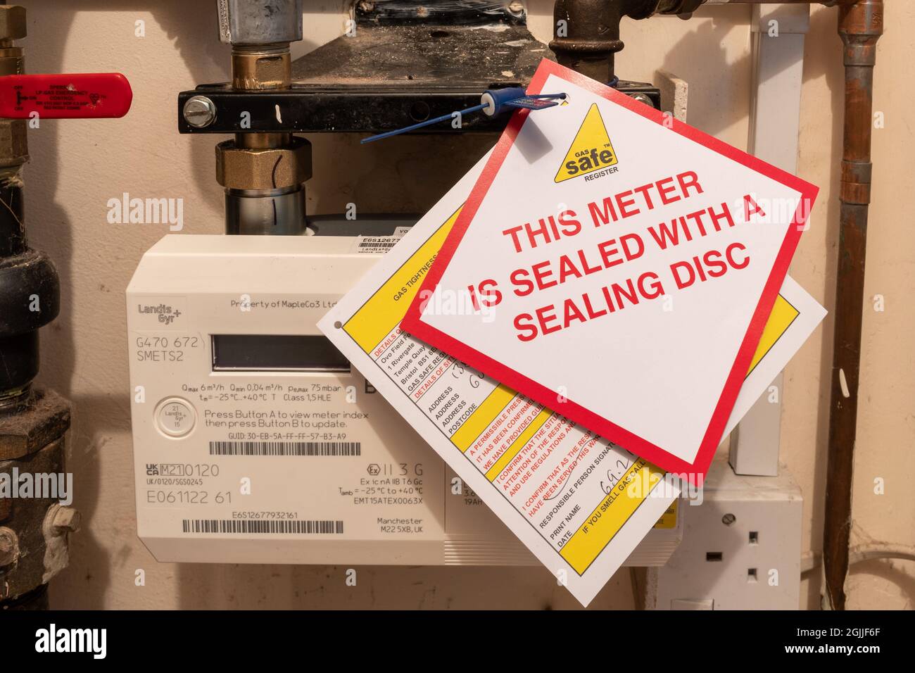 Gasmessgerät mit Dichtscheibe versiegelt, Gas aus Sicherheitsgründen ausgeschaltet Stockfoto