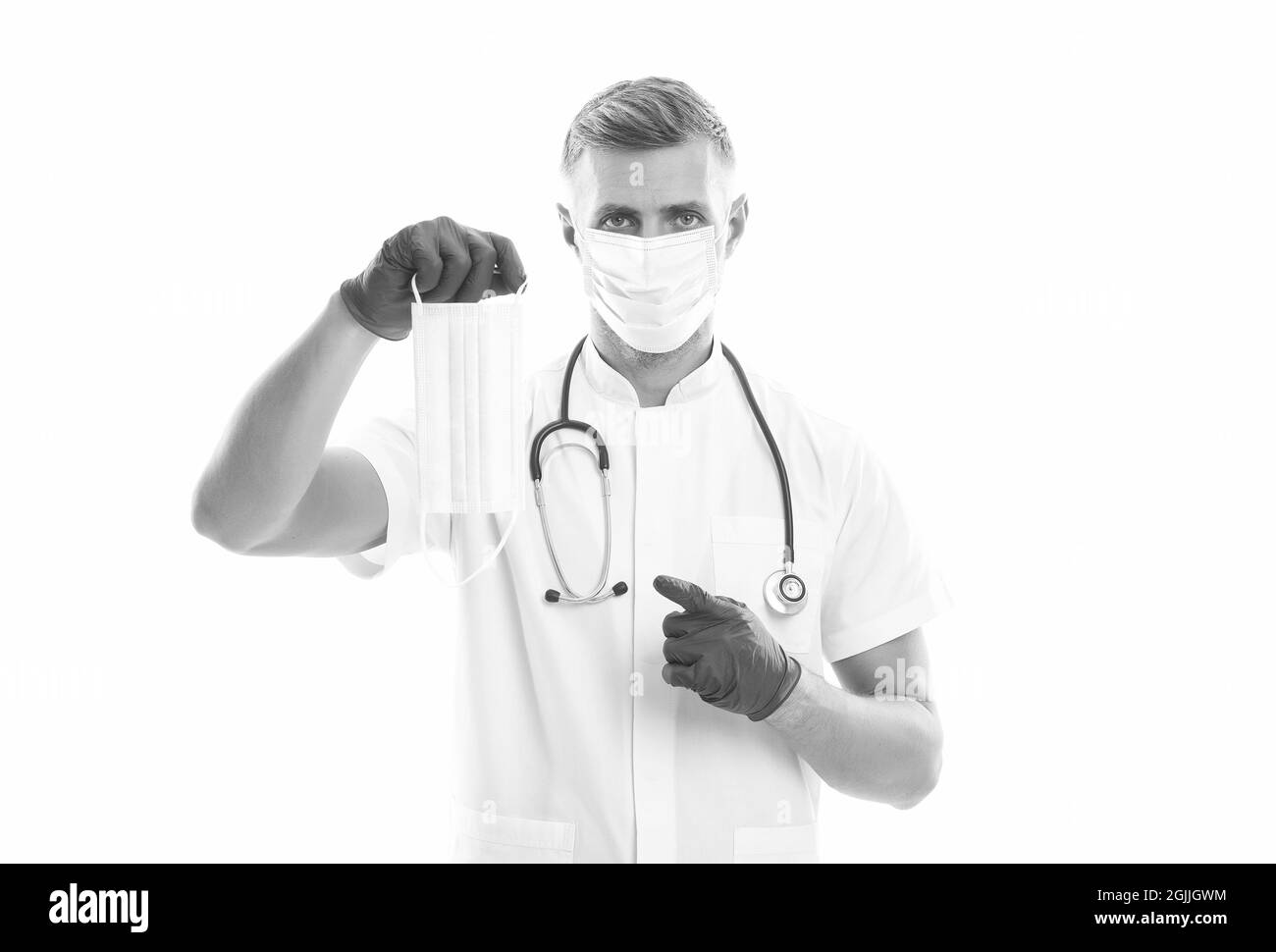 Wissenschaftler Werbung für Ihr Produkt. Epidemie Ausbruch Quarantäne. Covid-19 und Gesundheitsversorgung. Mann mit Atemschutzmaske. Arzt Arzt in Stockfoto