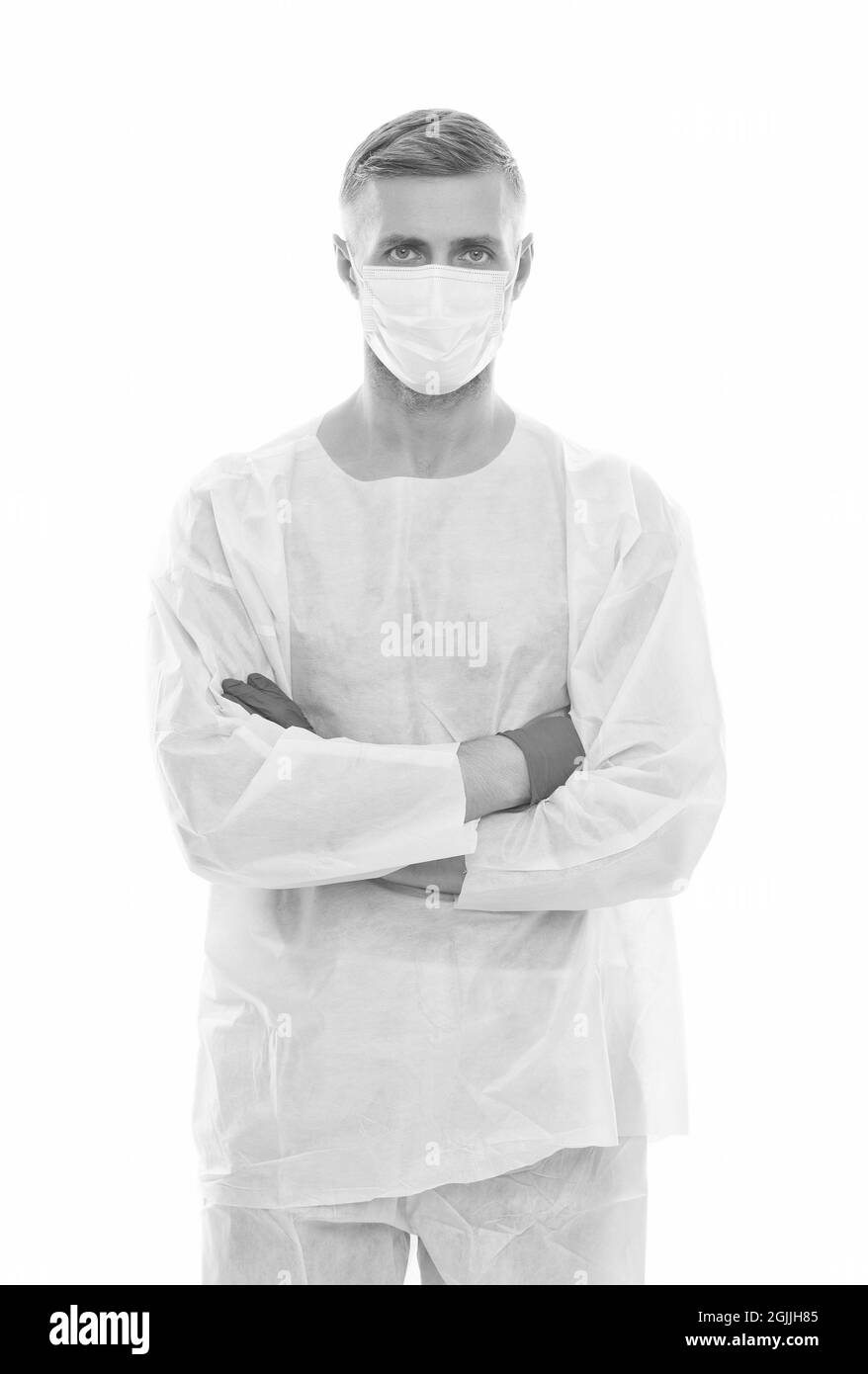 Medizinischer Arbeiter Mann in Schutzkostüm isoliert auf weiß sicher vor covid19 sars Virus Pandemie, Coronavirus Stockfoto