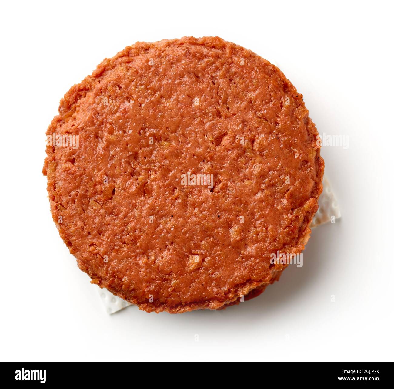 Pflanzliches Burger-Patty mit isolierten Grillmarkierungen auf weißem Hintergrund, Draufsicht Stockfoto