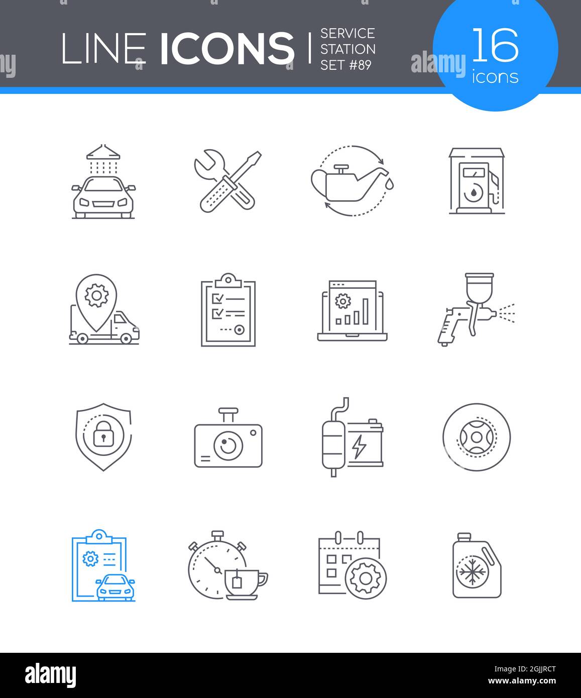Servicestation - modernes Line-Design-Icon-Set. Diagnose, Autoschutz, Sicherheit und Ersatz von Verbrauchsmaterialien. Professionelles Fahrzeug Stock Vektor
