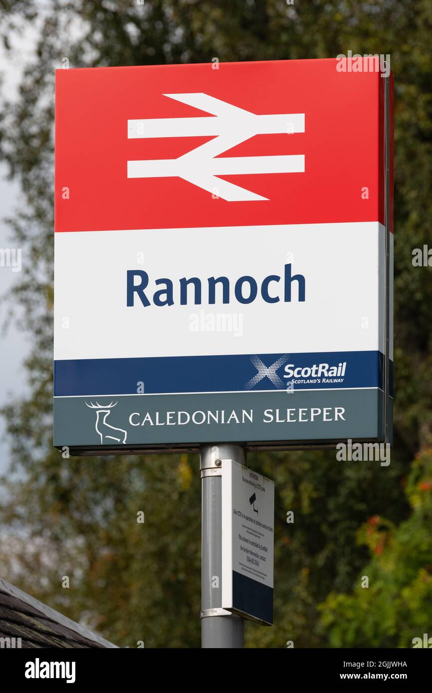 Rannoch Station Schild, Rannoch Station, Schottland, Großbritannien Stockfoto