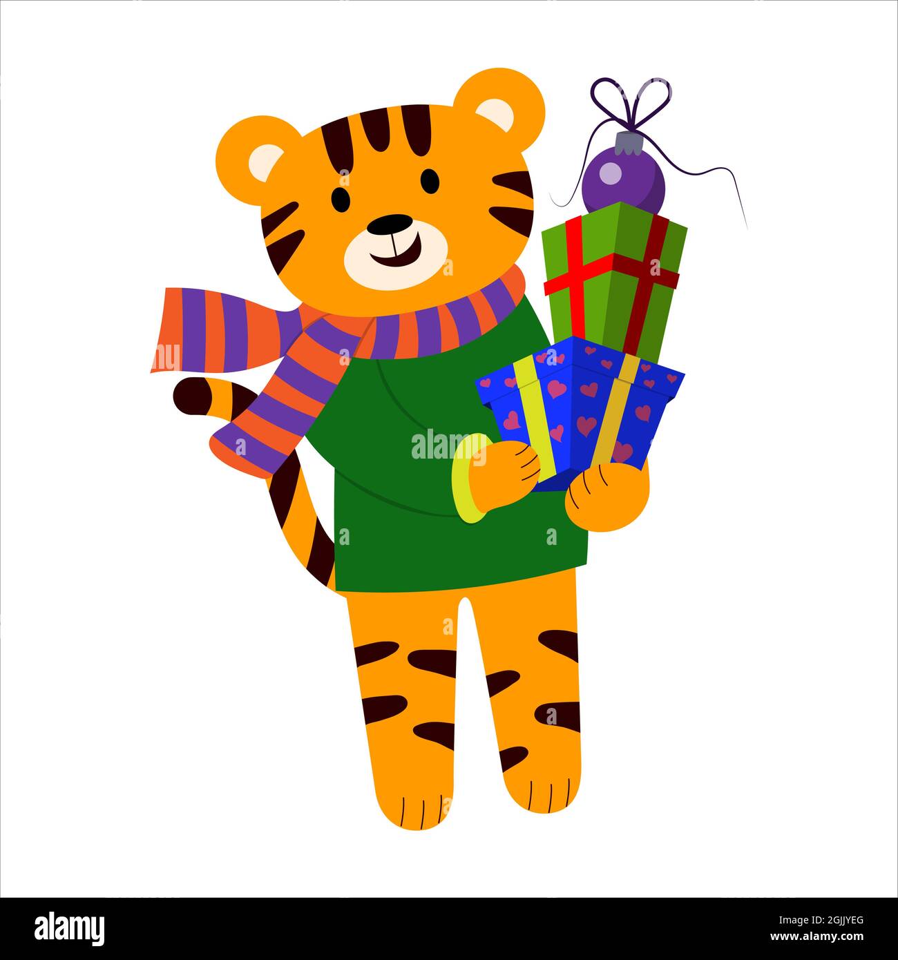 Cartoon-Illustration für Kinder. Der Tiger trägt Boxen mit Geschenken. vektor isoliert auf weißem Hintergrund Stock Vektor