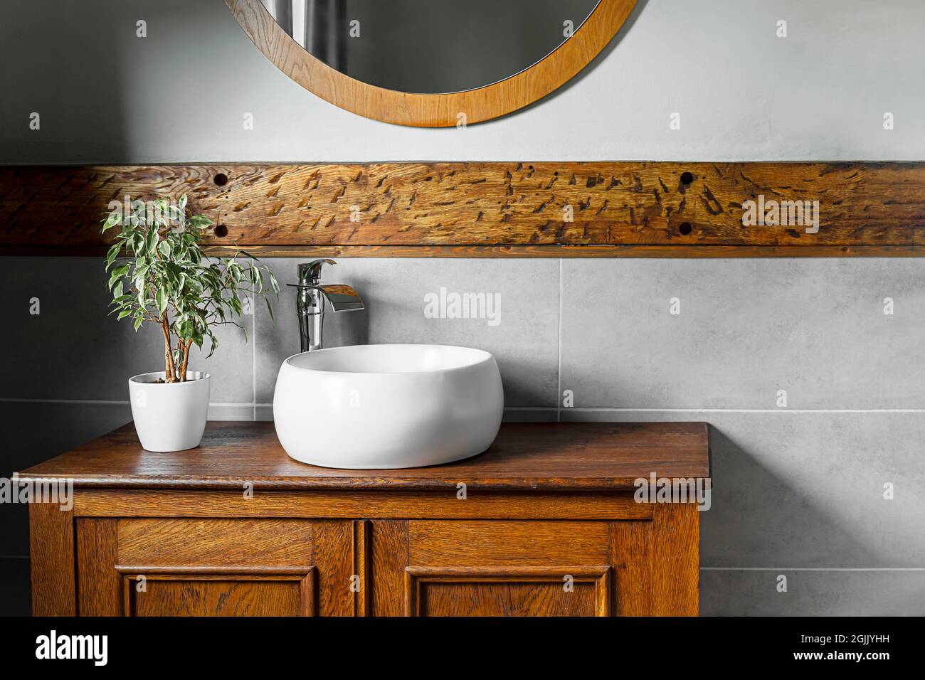 Badezimmer mit moderner Ausstattung und rustikalen Elementen und einem Ficus in einem weißen Blumentopf Stockfoto