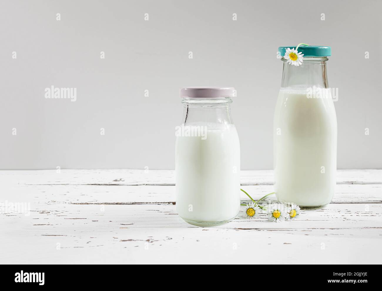 Frische Bio-Milch oder Milchprodukte in wiederverwendbaren Glasflaschen auf einem weißen Holztisch Stockfoto