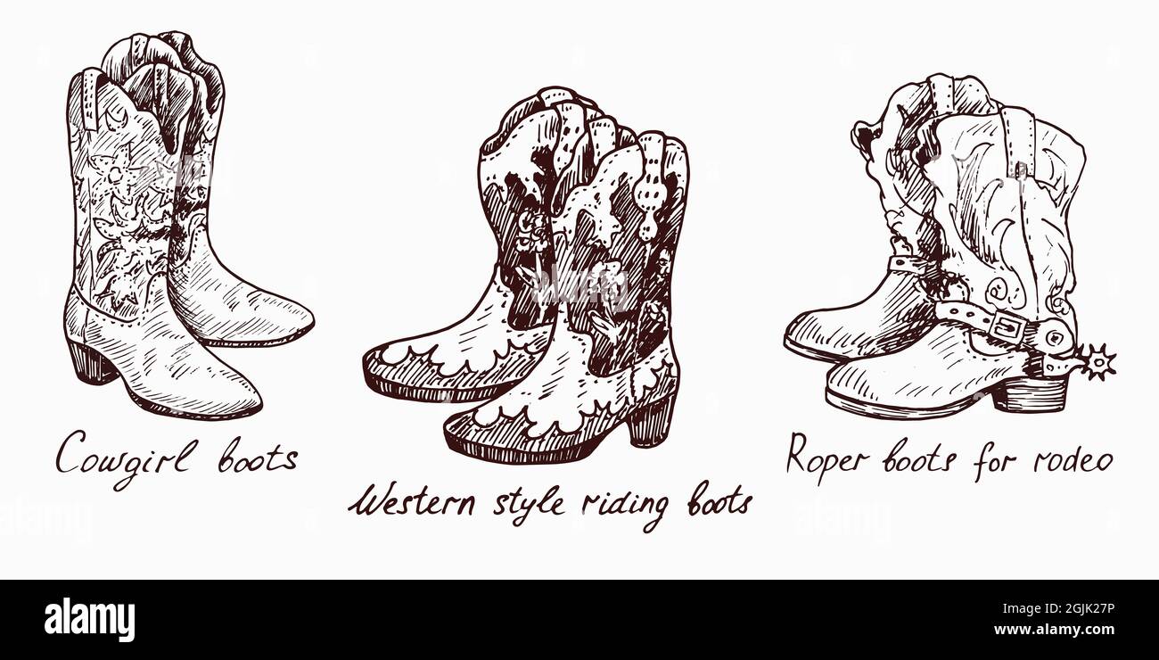 Cowgirl Stiefel, Western Stil Reitstiefel, Roper Stiefel für Rodeo,  Holzschnitt Tinte Zeichnung Illustration mit Inschrift Stockfotografie -  Alamy