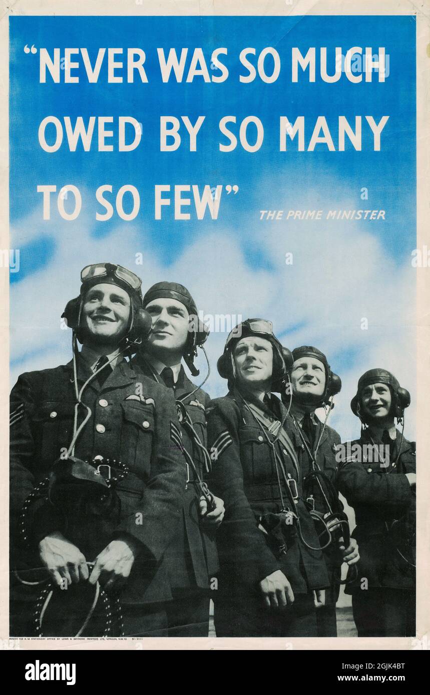 „noch nie war so viel von so vielen so wenigen“ Plakat zum Zweiten Weltkrieg zu verdanken Stockfoto