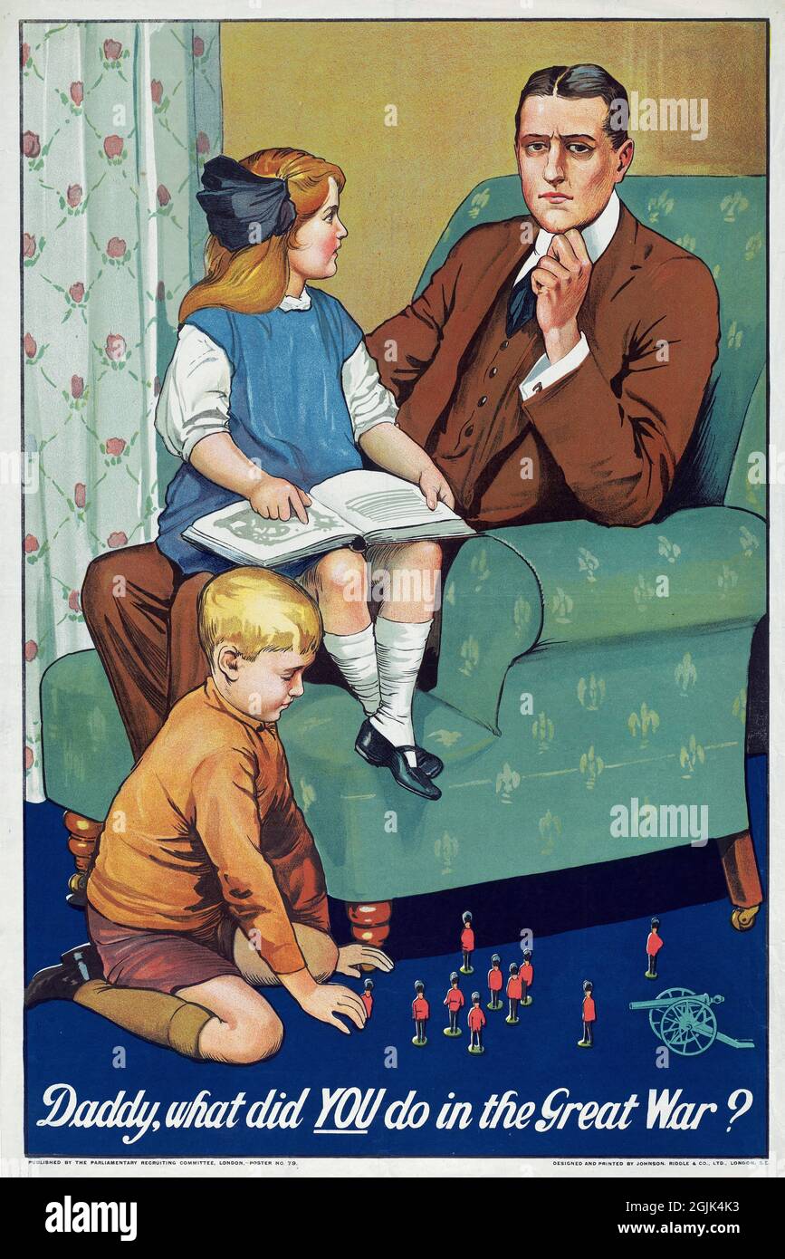 'Papa, was hast du im ersten Weltkrieg getan?' Rekrutierung-Plakat für die britische Armee im ersten Weltkrieg. Stockfoto