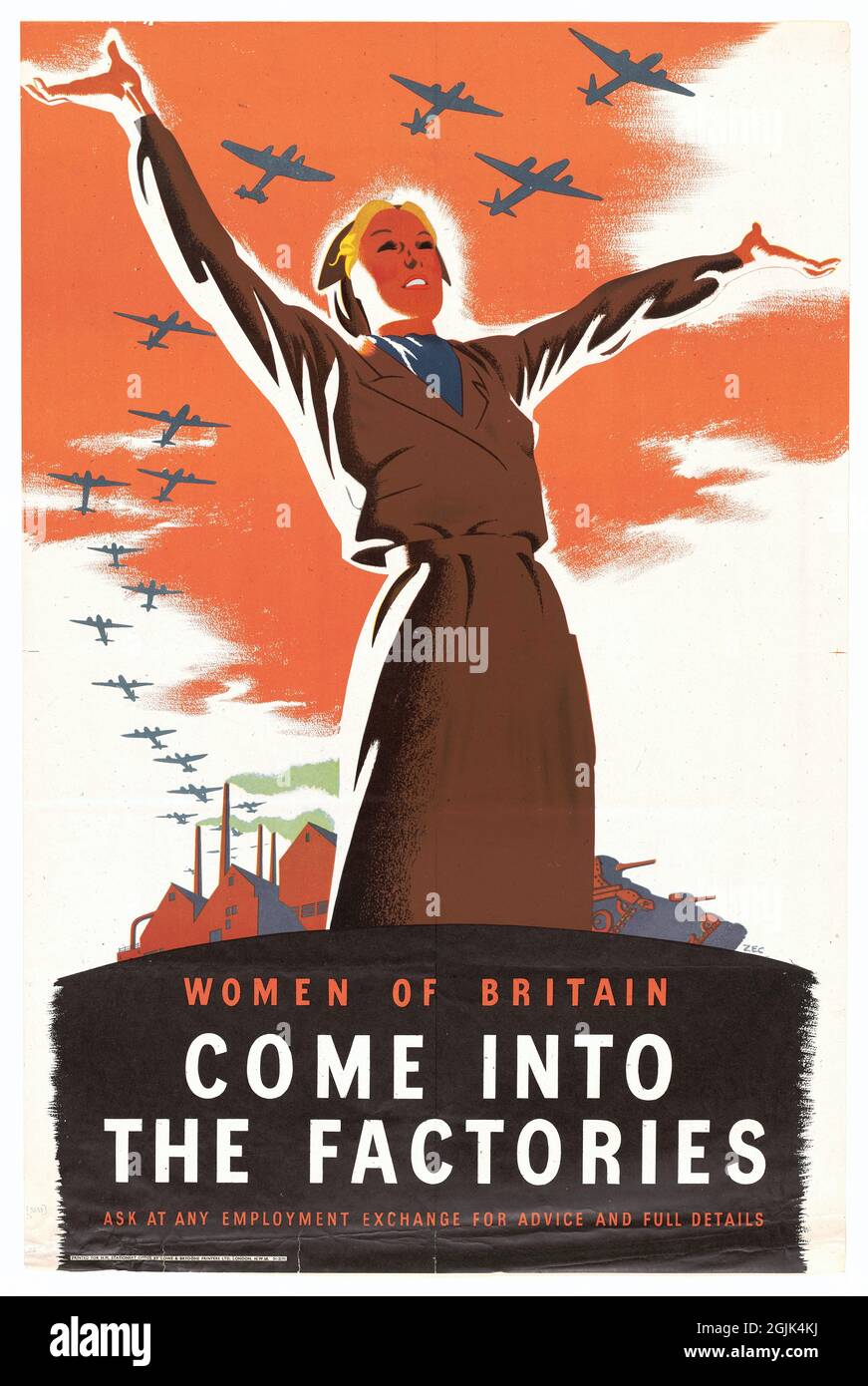 „Frauen Großbritanniens kommen in die Fabriken“, Rekrutierungsplakat aus dem Zweiten Weltkrieg Stockfoto