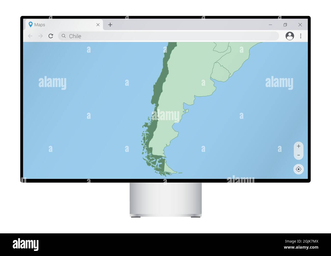 Computermonitor mit Karte von Chile im Browser, Suche nach dem Land von Chile auf dem Web-Mapping-Programm. Vektorvorlage. Stock Vektor