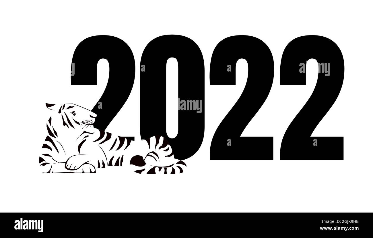 Der Tiger liegt in der Nähe der großen Zahlen 2022. Chinesisches Neujahr 2022. Schwarz-Weiß-Vektorgrafik Stock Vektor