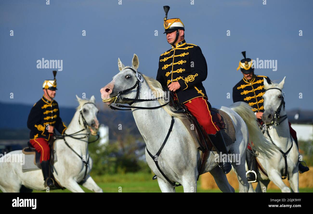 Crawinkel, Deutschland. September 2021. Das Team der Nádasdy Hussars aus Ungarn bereitet sich auf den Panzerversuch bei den Internationalen Deutschen Kavalleriemeisterschaften vor. Amateurfahrer aus insgesamt sieben Nationen treten bei dem dreitägigen Wettbewerb in zehn Teams an. Ihre Ausrüstung basiert auf den strengen Regeln der Truppen, die von 1870 bis 1920 auf dem Pferderücken kämpfen. Quelle: Martin Schutt/dpa-Zentralbild/dpa/Alamy Live News Stockfoto