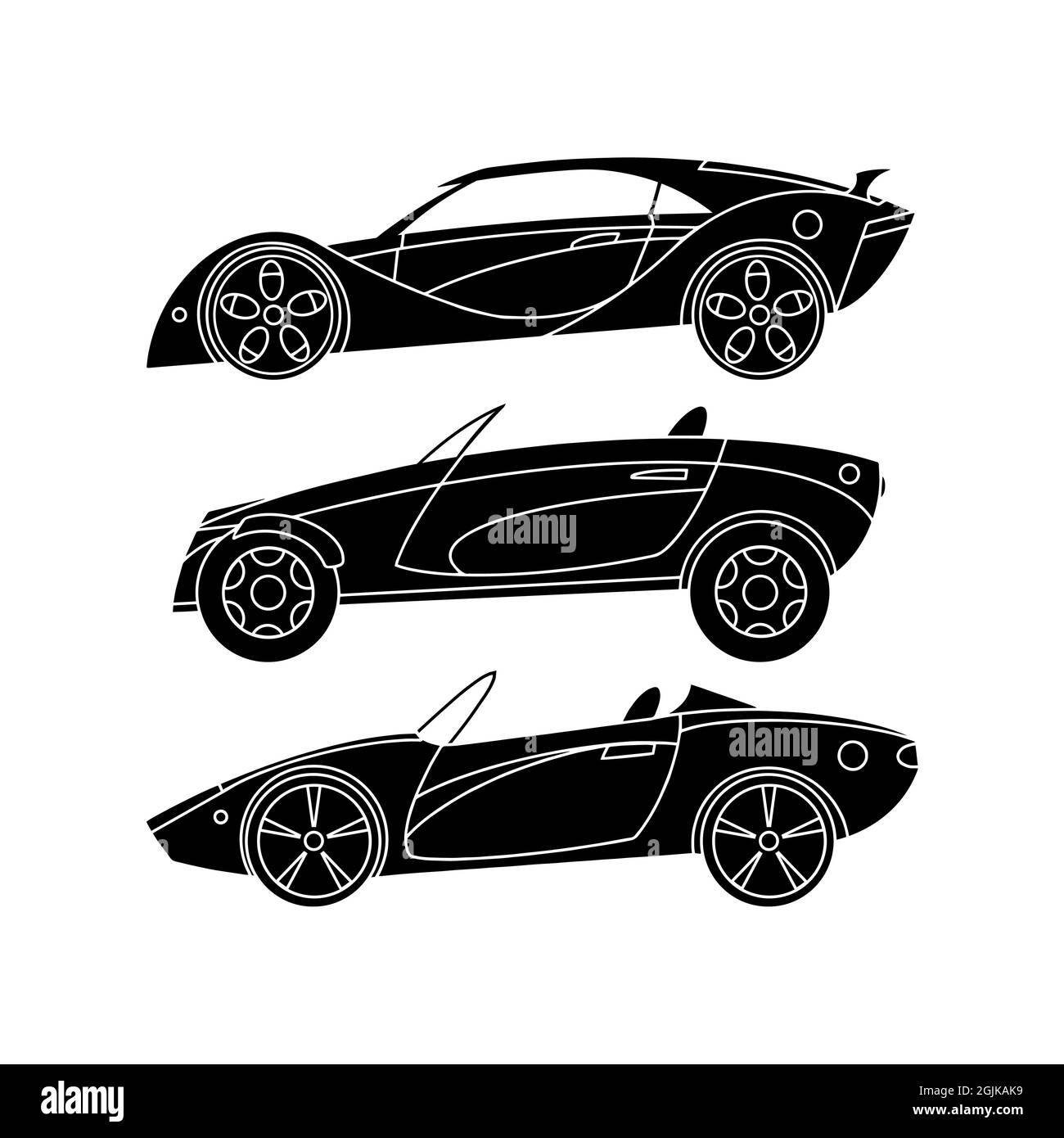 Satz von Sportwagen. Schwarze Silhouettensymbole. Vektorclipart Stock Vektor