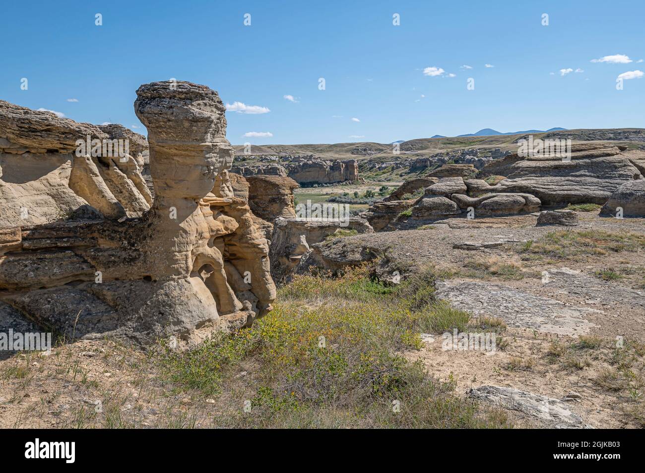 Felsformationen schriftlich über Stone Provincial Park, Alberta, Kanada Stockfoto