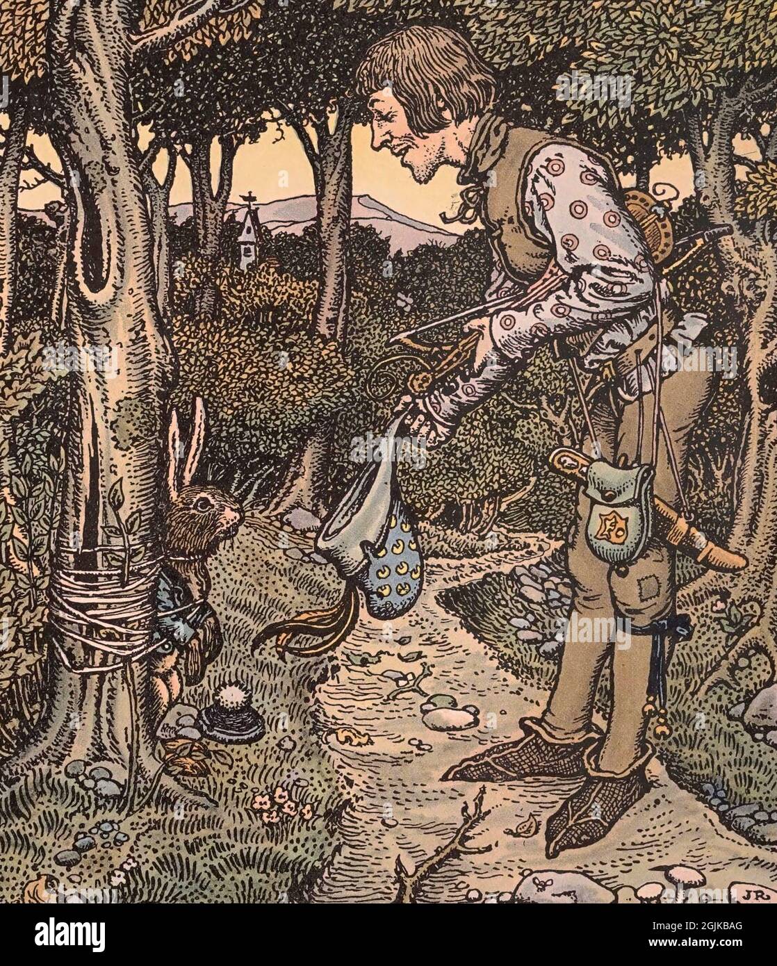 Illustration aus dem Buch Grimms Tiergeschichten der Hase wird getäuscht wie Wolf und Fuchs Stockfoto
