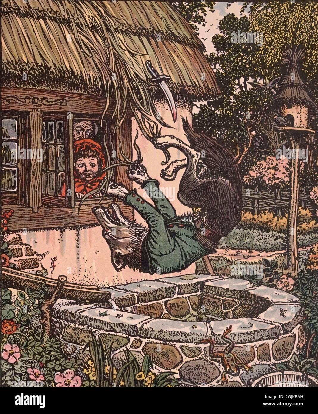 Illustration aus dem Buch Grimms Tiergeschichten der böse Wolf fällt in den Trog Stockfoto