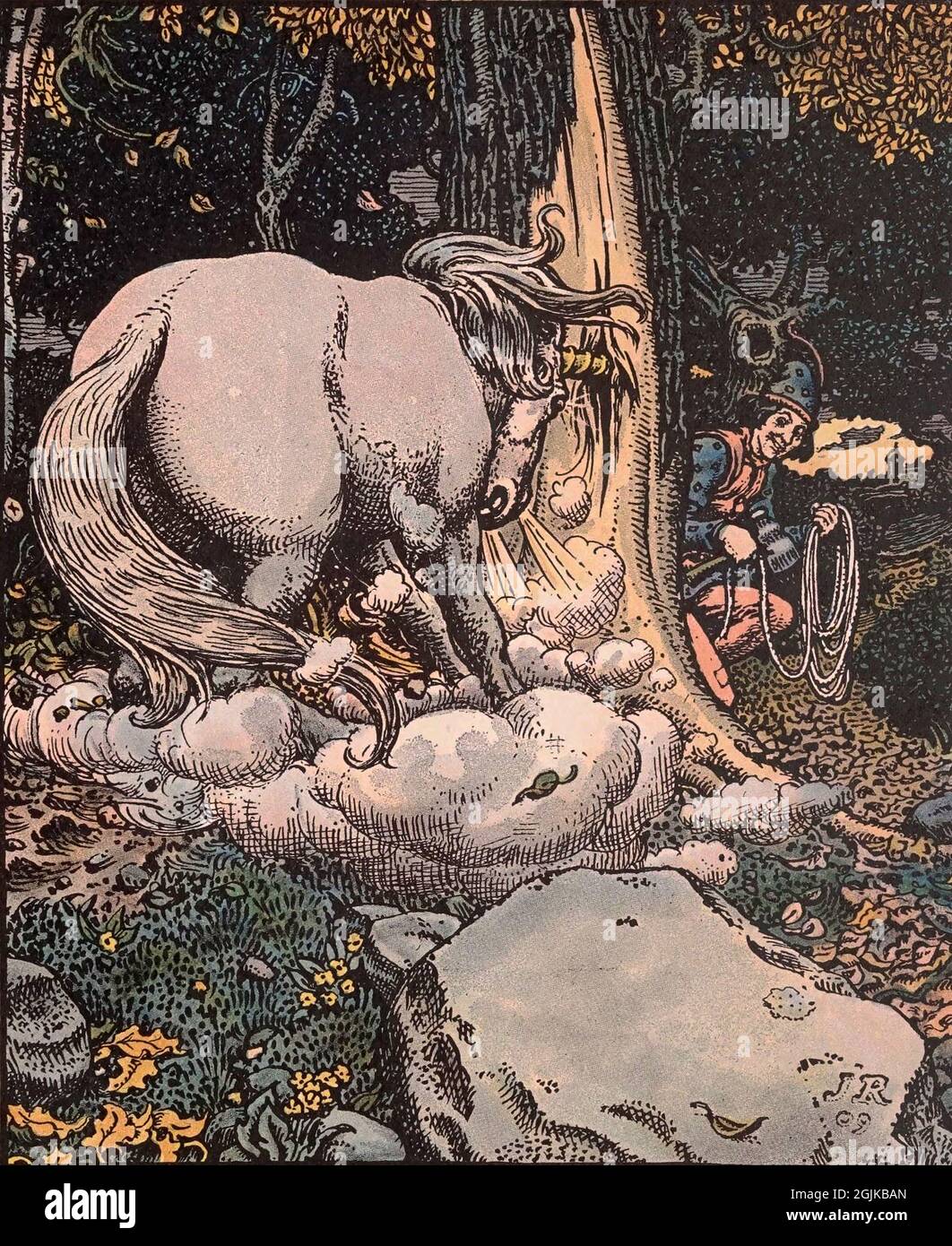 Illustration aus dem Buch Grimms Tiergeschichten - das schreckliche Einhorn wird vom flinken Schneider gefangen Stockfoto