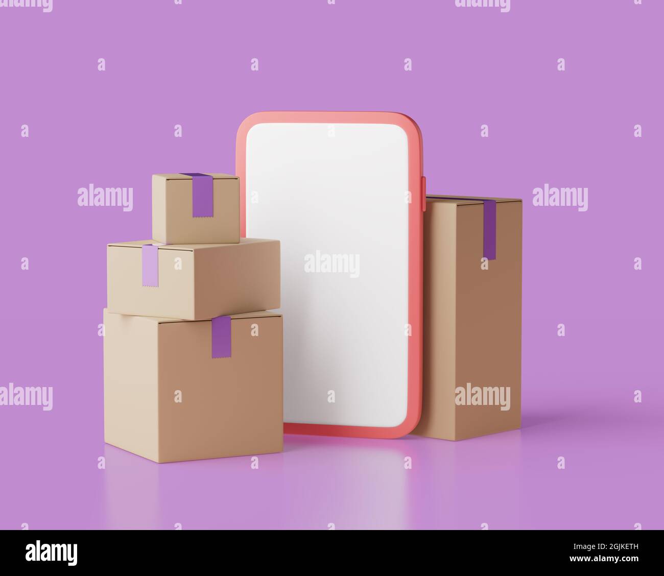 Geschlossene Lieferboxen und Smartphone mit klarem 3D-Bildschirm machen die Darstellung illustrieren. Isoliertes Objekt mit weichen Schatten. Stockfoto