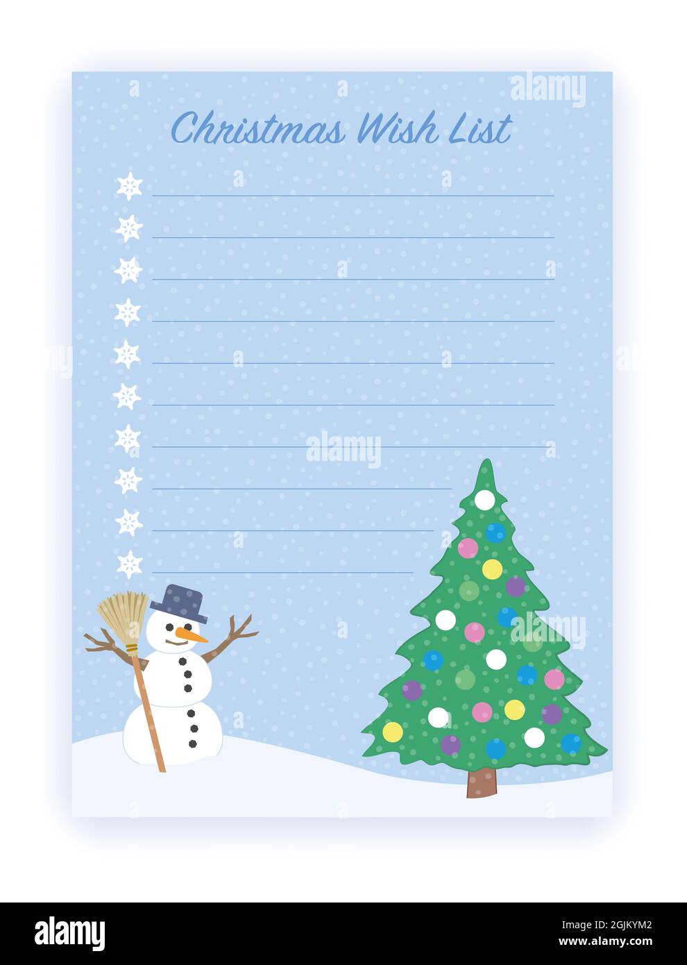 Weihnachts-Wunschliste mit zehn leeren Zeilen, die ausgefüllt werden müssen - verschneite Winterlandschaft mit glücklichem Schneemann und geschmücktem Weihnachtsbaum. Comic-Illustration. Stockfoto