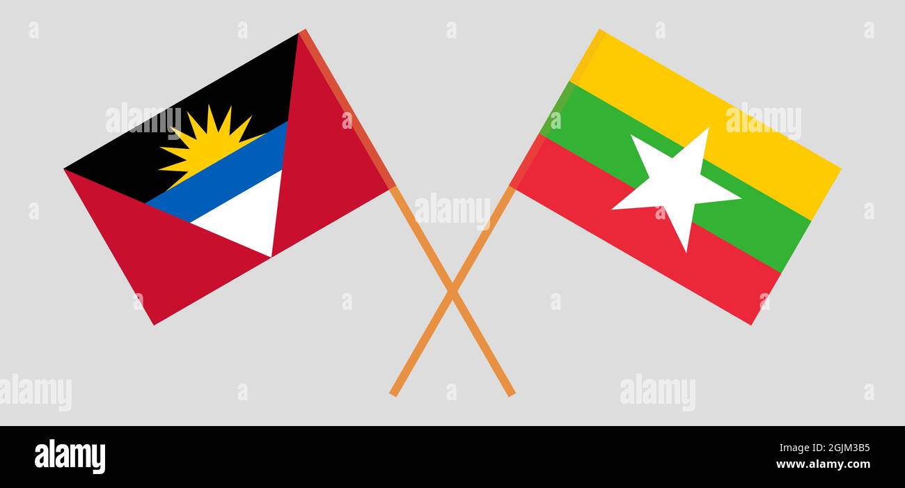 Gekreuzte Flaggen von Antigua und Barbuda und Myanmar Stock Vektor