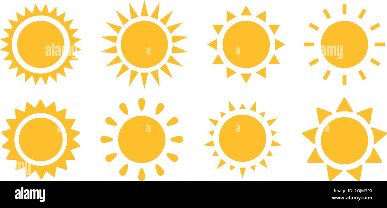 Solar-Symbole. Set von Sonnenbildern auf weißem Hintergrund. Sonnensymbole.Vektor Stock Vektor