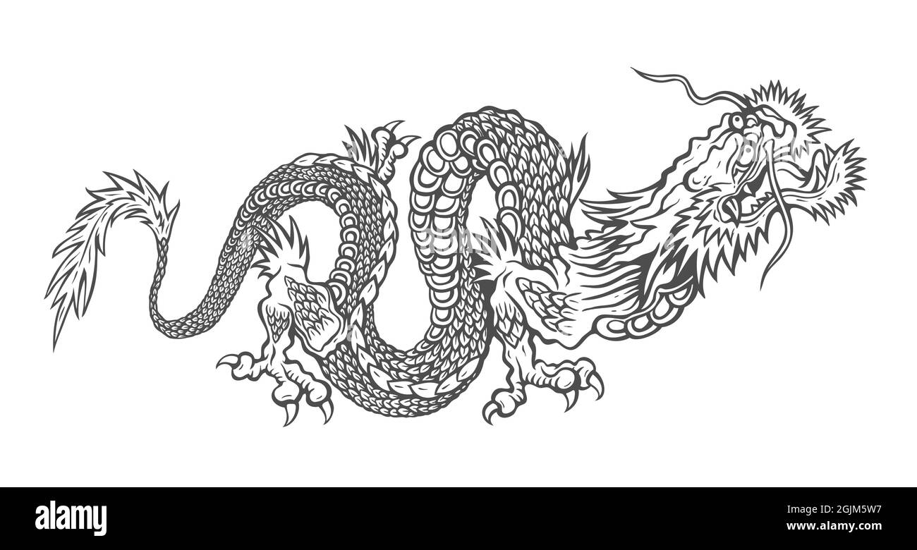 Vektordarstellung eines chinesischen Drachen. Schwarzer asiatischer Drache. Stock Vektor